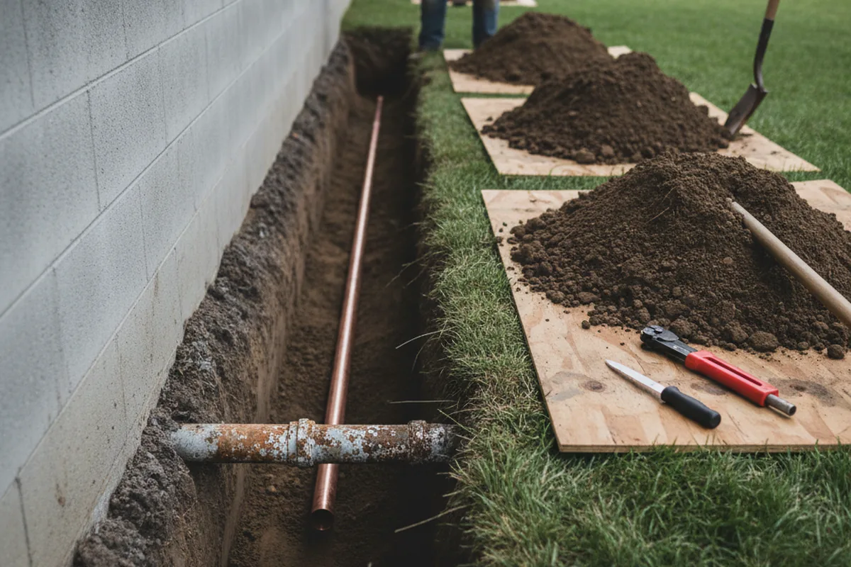 Excavated water line trench during Sewer Line Repair in Centralia